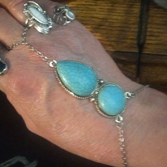 Silver & Turquoise Boho Chain Slave Bracelet - Picture 3 of 10